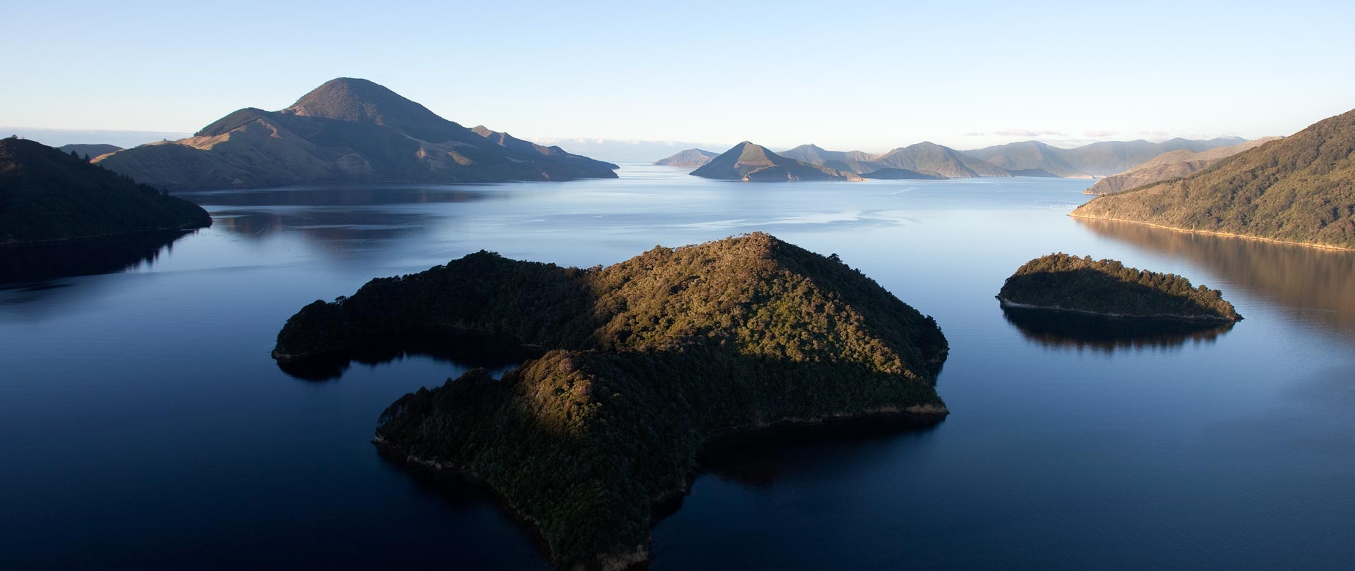 Wooded islands and sheltered water in the Marlborough Sounds, New Zealand